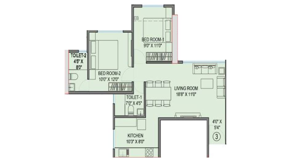 Gami-Terra-Floor-Plan-4th-to-22nd-Floor-Unit-3-2-BHK